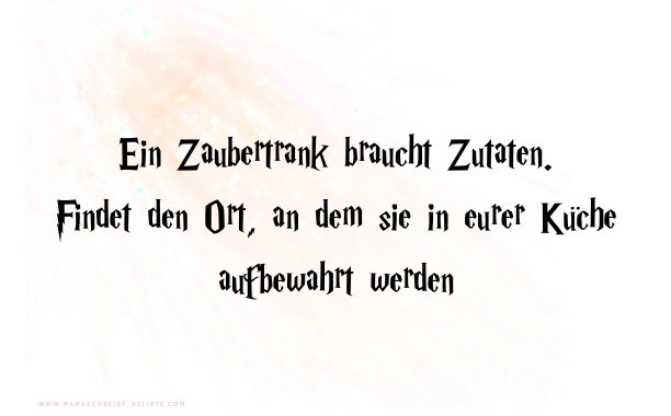 Versteckt den nächsten Hinweis in der Nähe eures Bücherregals oder einer Ecke, in der sich Harry Potter-Bücher befinden. Der Hinweis könnte lauten: "Ein Zaubertrank braucht Zutaten; findet den Ort, an dem sie in eurer Küche aufbewahrt werden." harry potter Schnitzeljagd